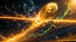 Una moneda de bitcoin sale disparada a toda velocidad y rompe un gráfico de precios.