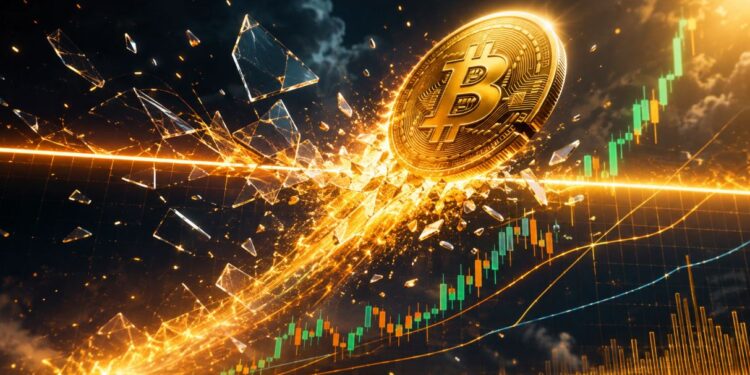 Una moneda de bitcoin sale disparada a toda velocidad y rompe un gráfico de precios.