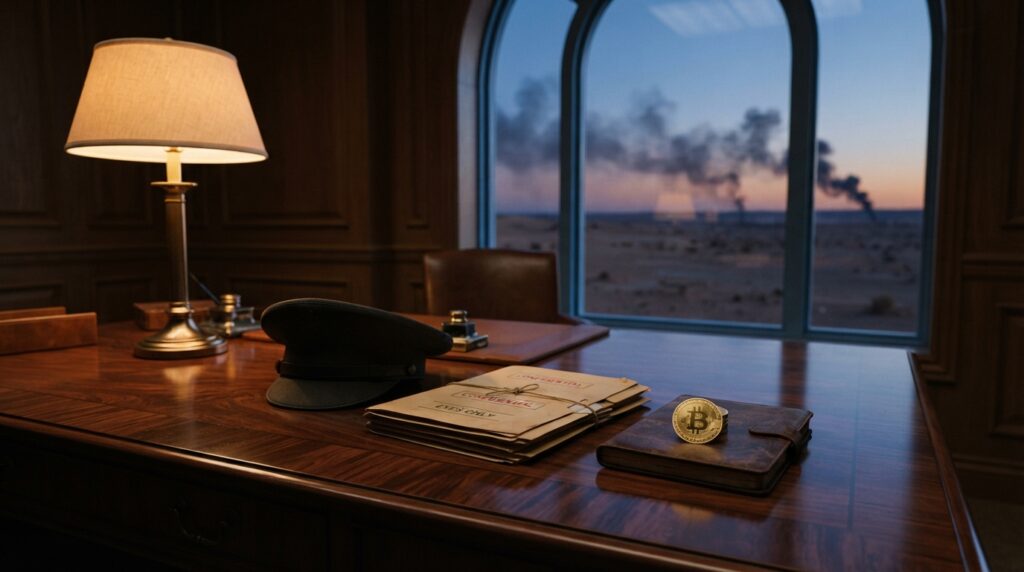 A polished mahogany desk in a formal government office. On the desk, a folded military officer's cap, a small stack of classified folders, and a single gold bitcoin coin resting on a leather notebook. Through the tall window behind, a distant desert horizon at dusk with faint plumes of smoke. Warm lamp light on the desk, cold blue light from the window.