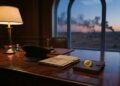 A polished mahogany desk in a formal government office. On the desk, a folded military officer's cap, a small stack of classified folders, and a single gold bitcoin coin resting on a leather notebook. Through the tall window behind, a distant desert horizon at dusk with faint plumes of smoke. Warm lamp light on the desk, cold blue light from the window.