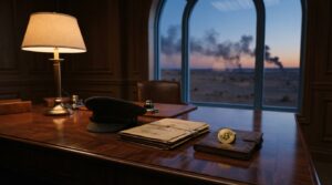 A polished mahogany desk in a formal government office. On the desk, a folded military officer's cap, a small stack of classified folders, and a single gold bitcoin coin resting on a leather notebook. Through the tall window behind, a distant desert horizon at dusk with faint plumes of smoke. Warm lamp light on the desk, cold blue light from the window.