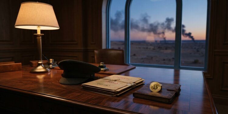 A polished mahogany desk in a formal government office. On the desk, a folded military officer's cap, a small stack of classified folders, and a single gold bitcoin coin resting on a leather notebook. Through the tall window behind, a distant desert horizon at dusk with faint plumes of smoke. Warm lamp light on the desk, cold blue light from the window.