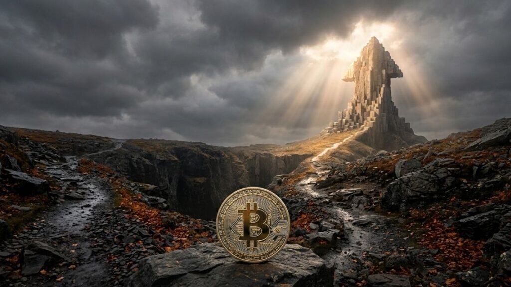 un paisaje desierto con un camino y al frente una moneda de bitcoin.