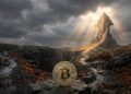 un paisaje desierto con un camino y al frente una moneda de bitcoin.