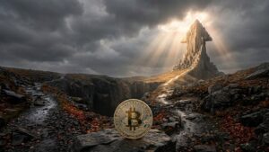 un paisaje desierto con un camino y al frente una moneda de bitcoin.