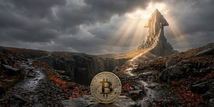 un paisaje desierto con un camino y al frente una moneda de bitcoin.
