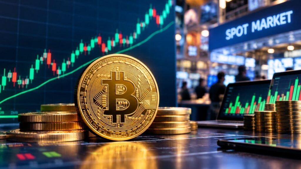Moneda de Bitcoin física dorada sobre una mesa con gráficos de mercado.