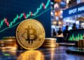 Moneda de Bitcoin física dorada sobre una mesa con gráficos de mercado.