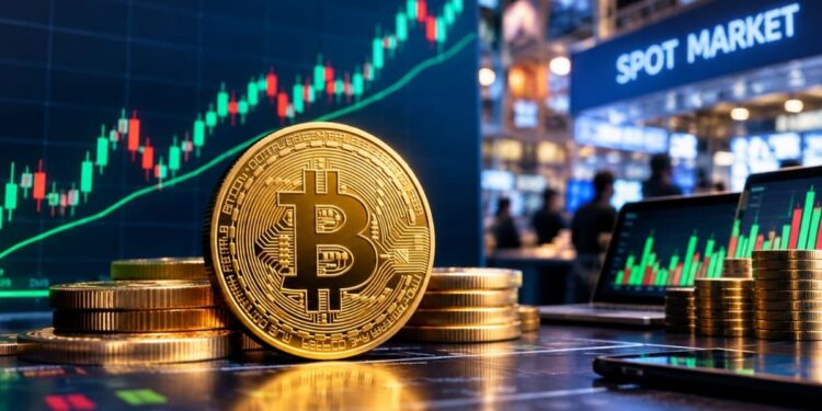 Moneda de Bitcoin física dorada sobre una mesa con gráficos de mercado.