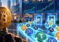 Una moneda física de bitcoin mirando a stablecoins entrando a exchanges.