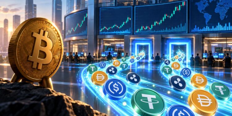 Una moneda física de bitcoin mirando a stablecoins entrando a exchanges.