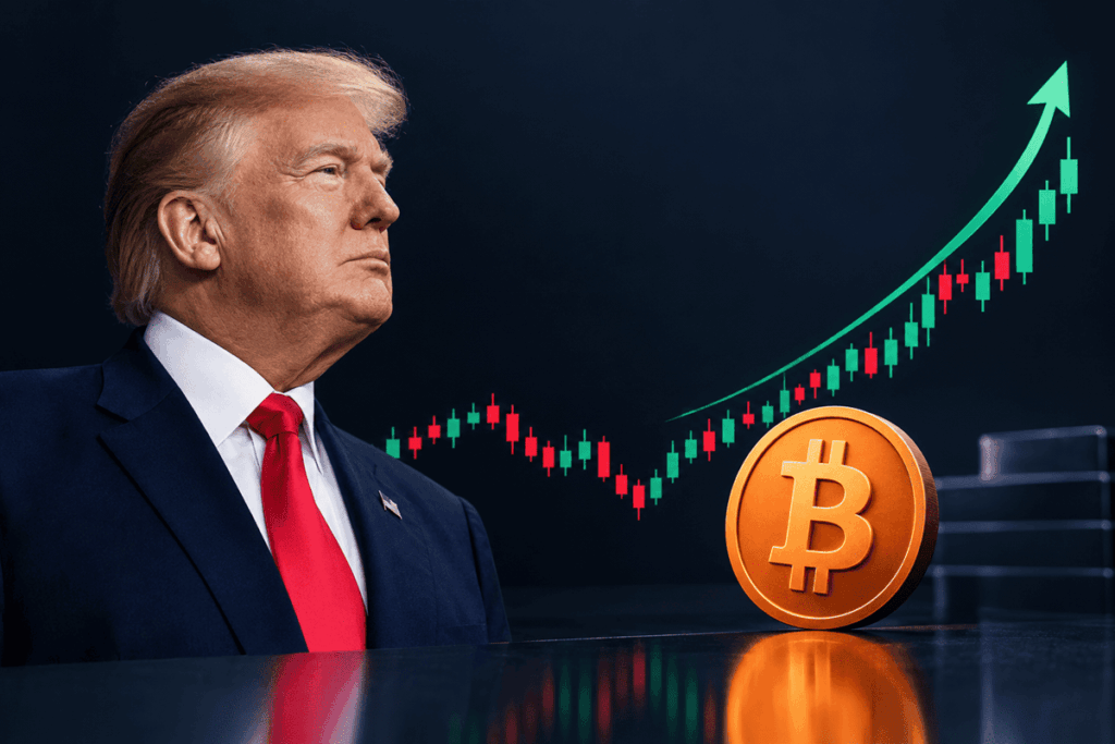 Donald Trump frente a un gráfico bursátil en ascenso y una moneda de Bitcoin.