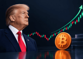 Donald Trump frente a un gráfico bursátil en ascenso y una moneda de Bitcoin.