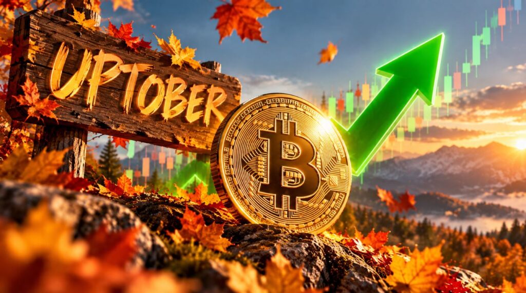 Una moneda de bitcoin delante delante de un cartel que dice "uptober" y junto a una flecha verde.
