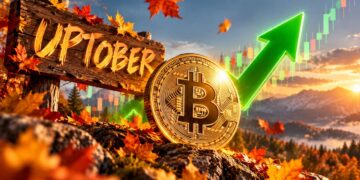 Una moneda de bitcoin delante delante de un cartel que dice "uptober" y junto a una flecha verde.