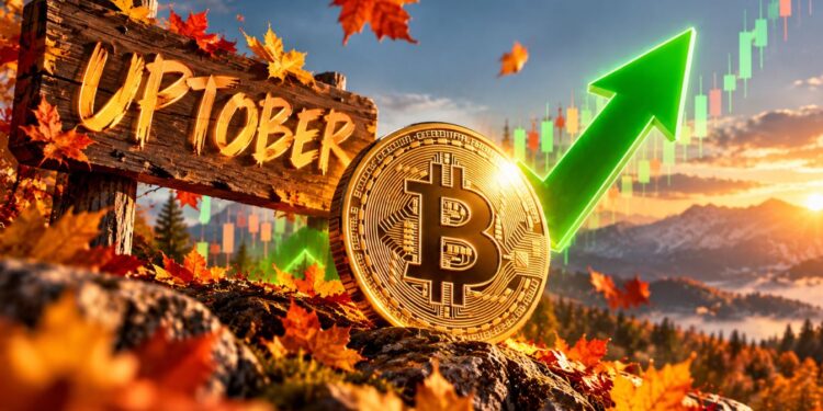 Una moneda de bitcoin delante delante de un cartel que dice "uptober" y junto a una flecha verde.