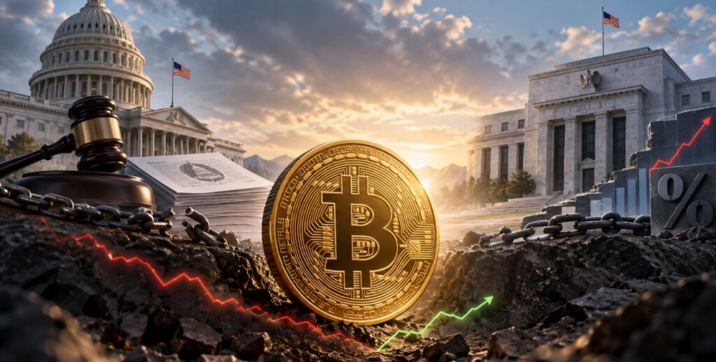 Una moneda física de bitcoin entre el Congreso de Estados Unidos y el edificio de la FED.