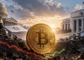 Una moneda física de bitcoin entre el Congreso de Estados Unidos y el edificio de la FED.