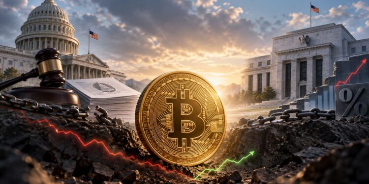 Una moneda física de bitcoin entre el Congreso de Estados Unidos y el edificio de la FED.