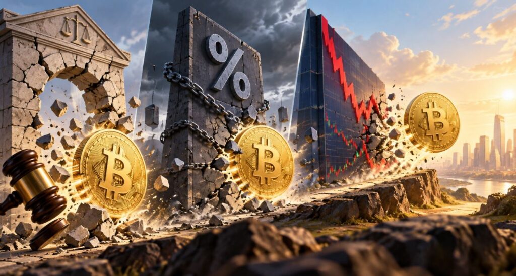Tres monedas físicas de bitcoin rompiendo tres barreras.