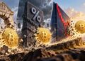 Tres monedas físicas de bitcoin rompiendo tres barreras.