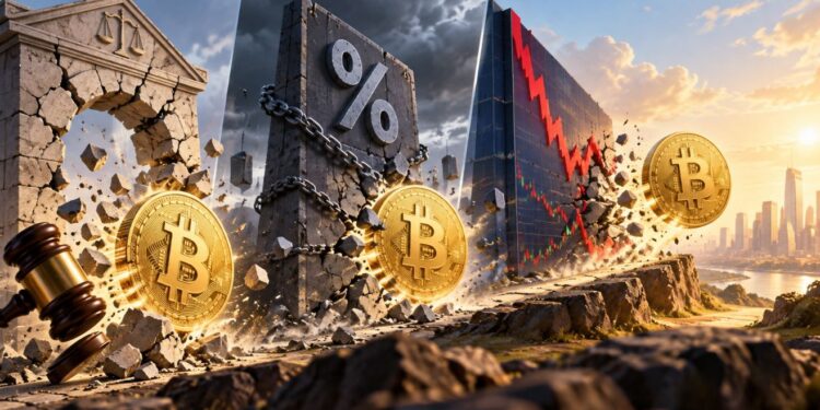 Tres monedas físicas de bitcoin rompiendo tres barreras.