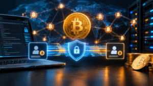 moneda de Bitcoin dorada sobre una red digital global conectada por líneas de datos.