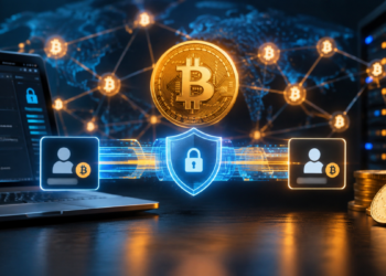 moneda de Bitcoin dorada sobre una red digital global conectada por líneas de datos.
