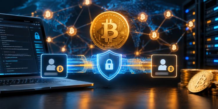 moneda de Bitcoin dorada sobre una red digital global conectada por líneas de datos.