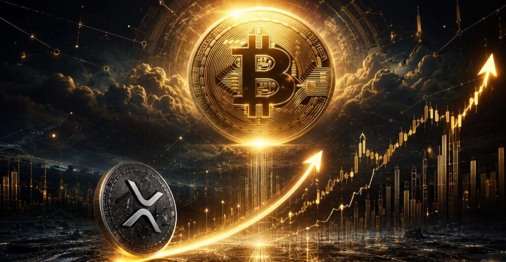 Una moneda de XRP debajo de una moneda física de bitcoin dorada