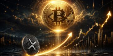 Una moneda de XRP debajo de una moneda física de bitcoin dorada