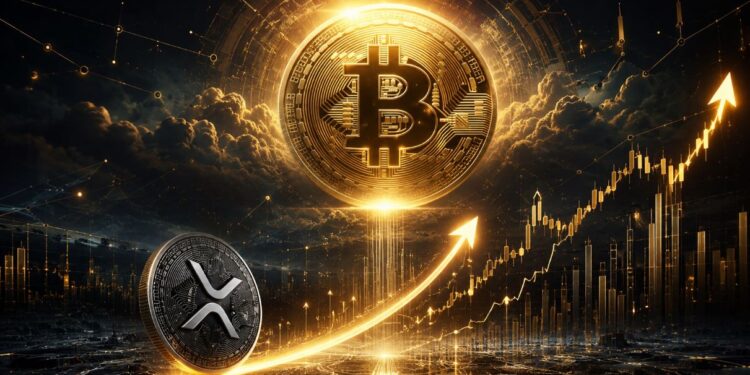 Una moneda de XRP debajo de una moneda física de bitcoin dorada