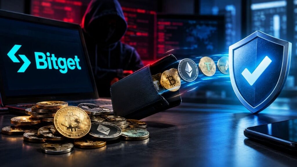 Hacker encapuchado junto a una laptop con el logo de Bitget, monedero digital y criptomonedas protegidas por un escudo de seguridad.