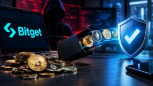 Hacker encapuchado junto a una laptop con el logo de Bitget, monedero digital y criptomonedas protegidas por un escudo de seguridad.