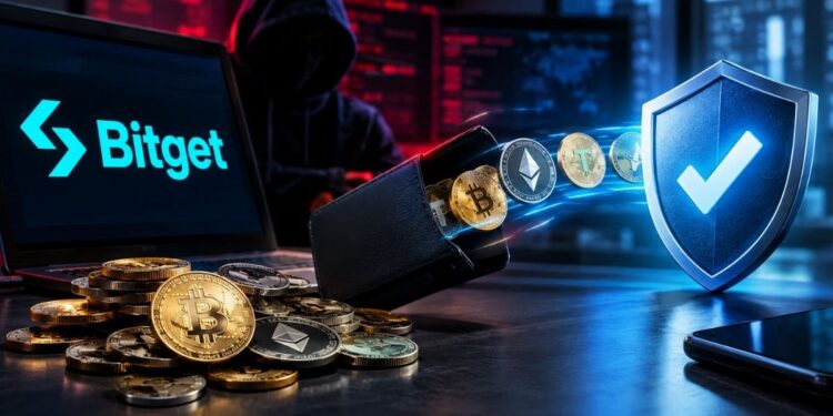 Hacker encapuchado junto a una laptop con el logo de Bitget, monedero digital y criptomonedas protegidas por un escudo de seguridad.