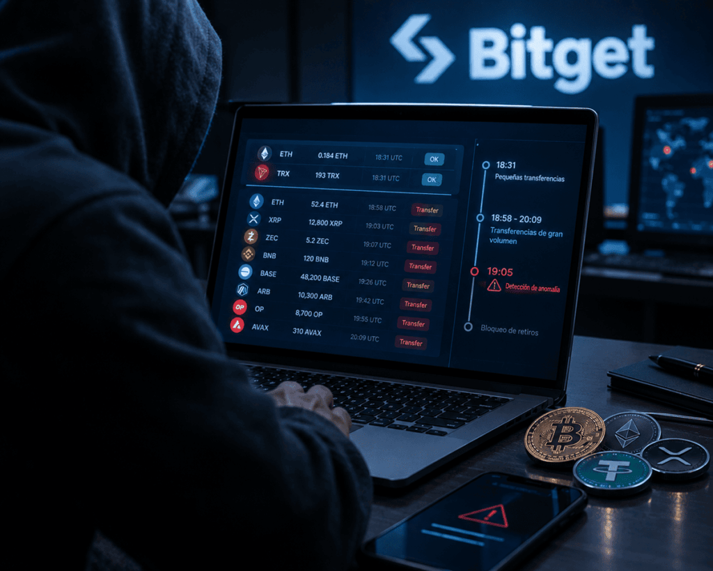 Persona encapuchada frente a una laptop con transacciones de criptomonedas y una alerta de seguridad, en una escena que representa el hackeo de Bitget.