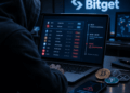 Persona encapuchada frente a una laptop con transacciones de criptomonedas y una alerta de seguridad, en una escena que representa el hackeo de Bitget.