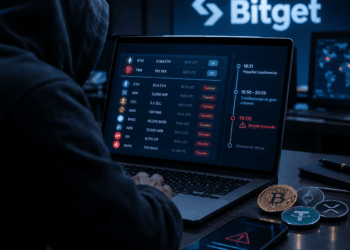 Persona encapuchada frente a una laptop con transacciones de criptomonedas y una alerta de seguridad, en una escena que representa el hackeo de Bitget.