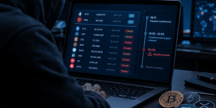 Persona encapuchada frente a una laptop con transacciones de criptomonedas y una alerta de seguridad, en una escena que representa el hackeo de Bitget.