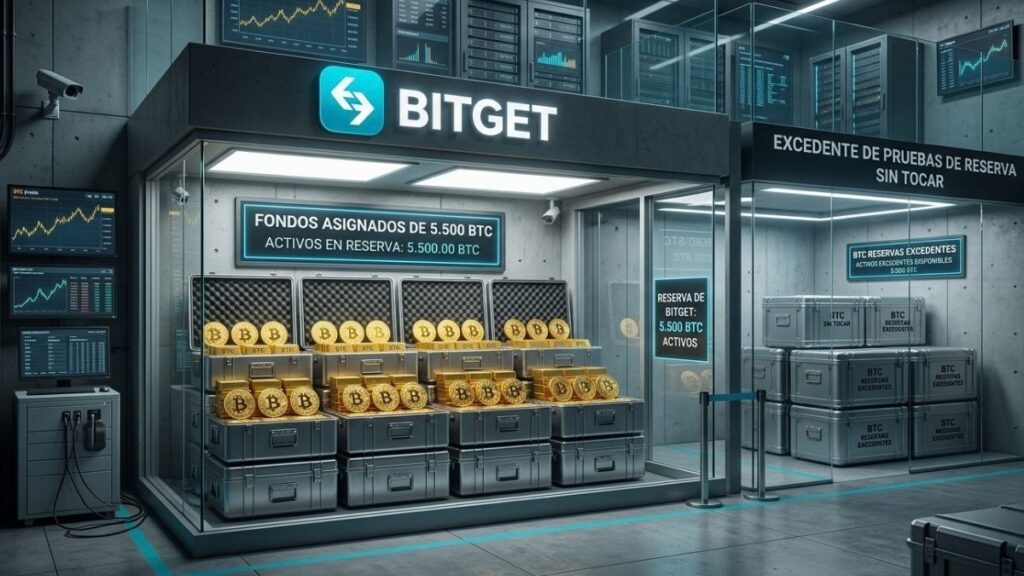 Cámara acorazada de seguridad con el logotipo de Bitget, contenedores metálicos con monedas de Bitcoin e indicadores digitales de reservas.