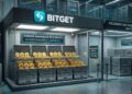 Cámara acorazada de seguridad con el logotipo de Bitget, contenedores metálicos con monedas de Bitcoin e indicadores digitales de reservas.
