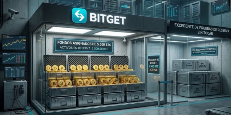 Cámara acorazada de seguridad con el logotipo de Bitget, contenedores metálicos con monedas de Bitcoin e indicadores digitales de reservas.