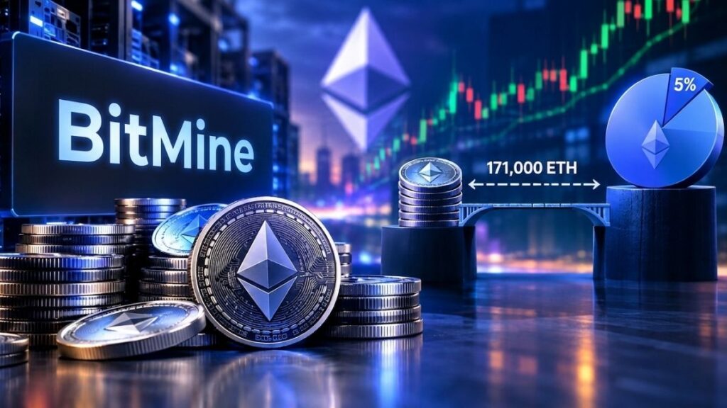 Una pila de criptomonedas Ethereum en primer plano con un gran monitor en el fondo que muestra el logotipo de BitMine.