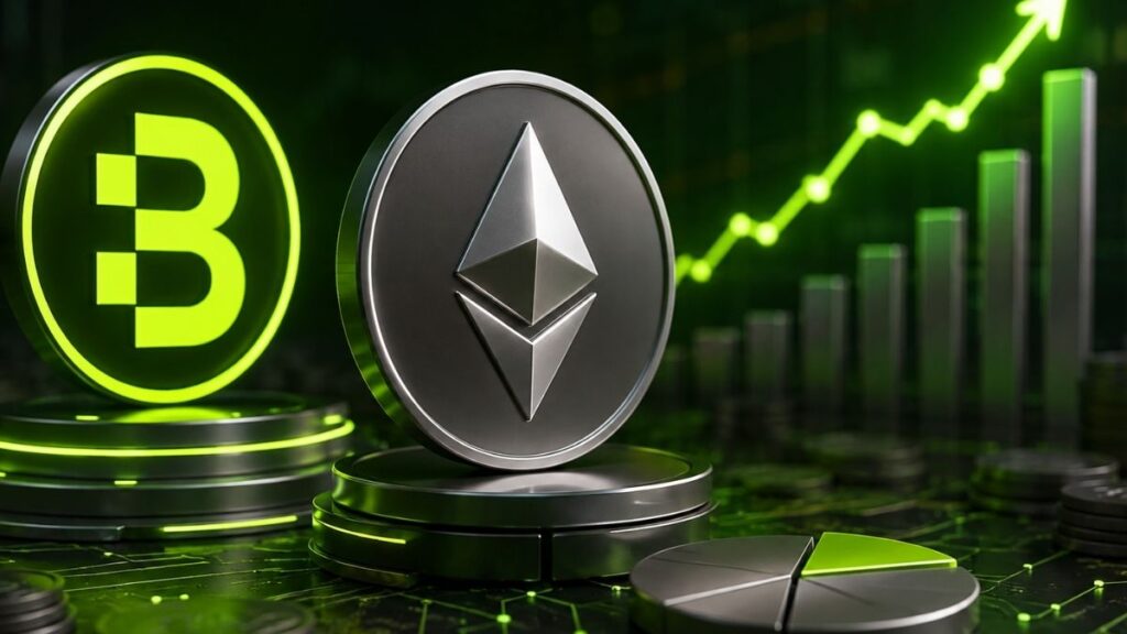 Monedas metálicas de Bitmine y Ethereum junto a un gráfico de barras verde en ascenso.