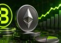 Monedas metálicas de Bitmine y Ethereum junto a un gráfico de barras verde en ascenso.