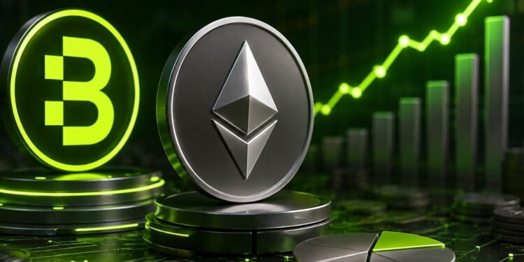 Monedas metálicas de Bitmine y Ethereum junto a un gráfico de barras verde en ascenso.