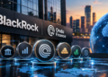 Logotipos de BlackRock y Ondo Finance en un edificio moderno sobre monedas de activos digitales en una red global.