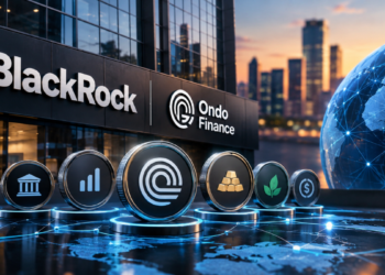 Logotipos de BlackRock y Ondo Finance en un edificio moderno sobre monedas de activos digitales en una red global.