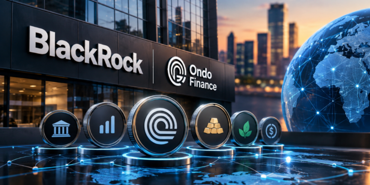 Logotipos de BlackRock y Ondo Finance en un edificio moderno sobre monedas de activos digitales en una red global.
