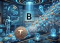 Ilustración 3D de robótica de IA procesando monedas físicas de stablecoins USDT y USDC con pantalla de BlackRock.